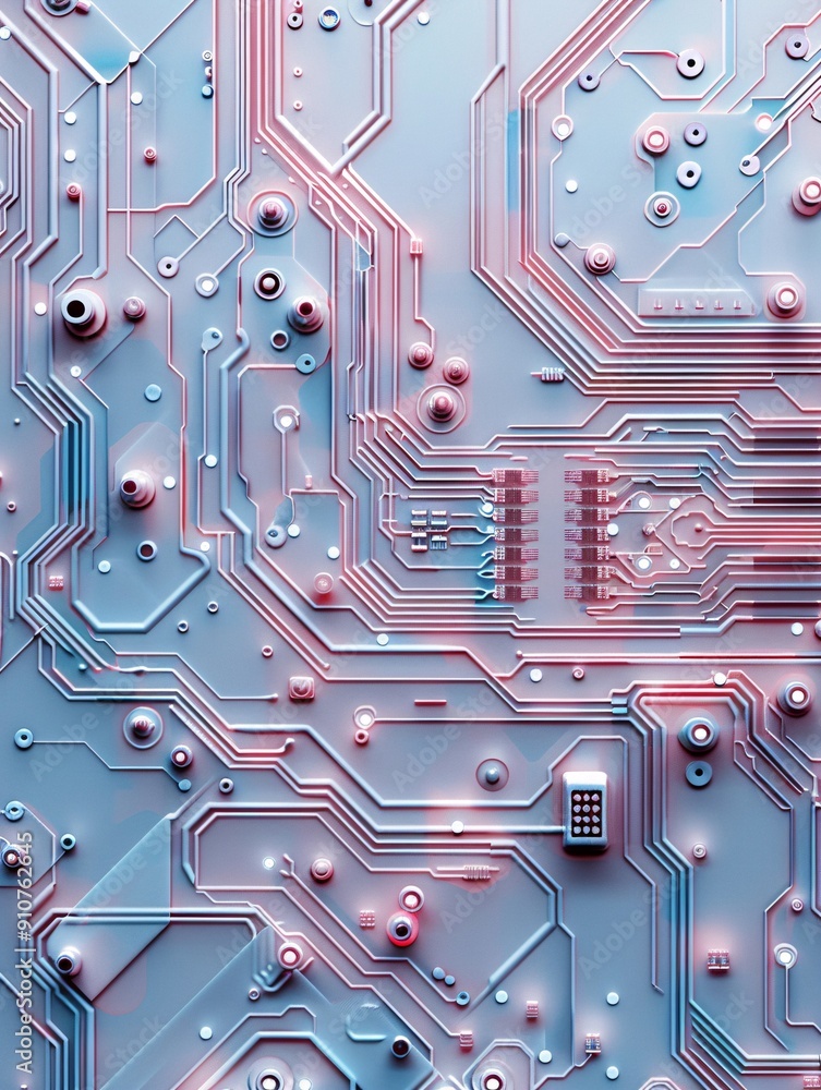 Poster hyper-realistic photograph of a computer microchip surface, intricate circuit patterns and transisto