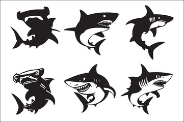 shark silhouette vector Bundle illustration. Different kind of sharks set. 