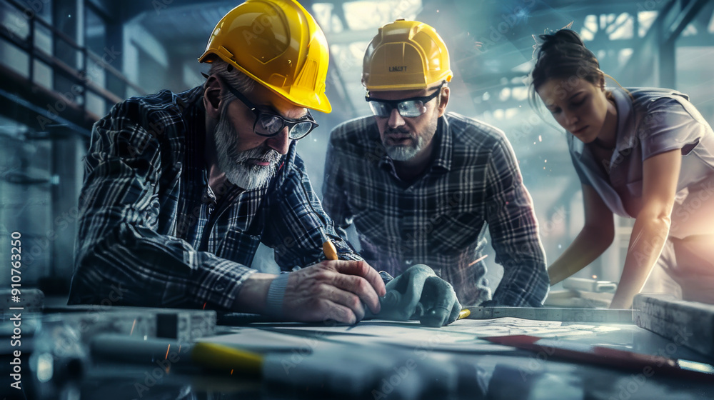 Aufkleber a group of engineers in a hard hat are working on a project, creating a project on paper against the