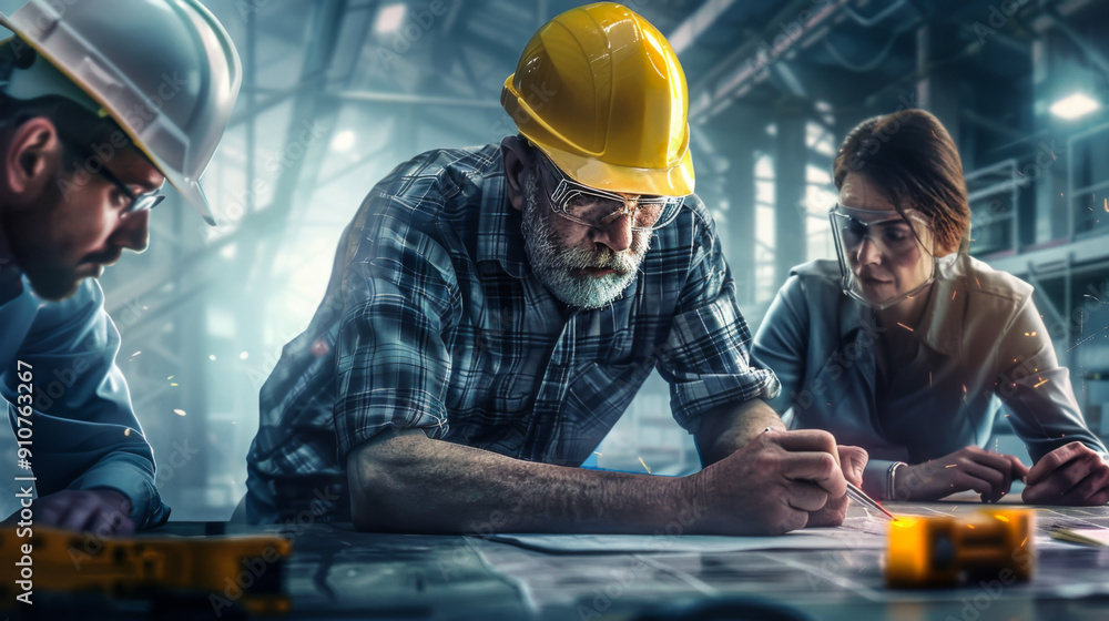 Aufkleber a group of engineers in a hard hat are working on a project, creating a project on paper against the