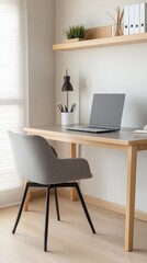 Modern home office with sleek desk, neutral tones, and functional storage, Minimalist Office, Productivity Space