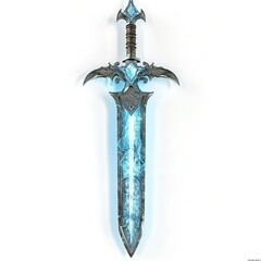 Ornate Steel Sword with Glowing Blue Ice Blade