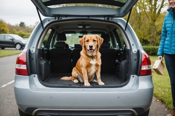Dog sitting in car boot
