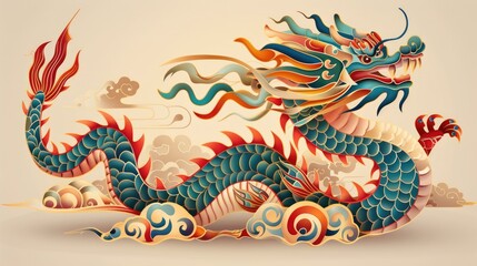 Vector art of a traditional Chinese New Year 2025 dragon boat, vector style.