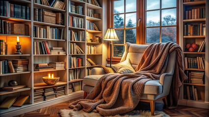 Cozy reading nook with blankets and shelves filled with books, reading, nook, cozy, blankets, shelves, books, literature