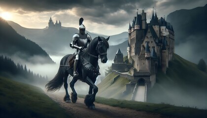 Naklejka premium photo of a medieval knight in armor riding a beautiful black horse