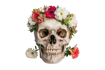 A decorative skull adorned with vibrant flowers, symbolizing the beauty of life and death in a striking artistic composition.