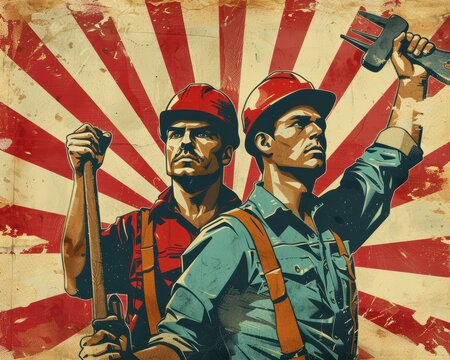 Vintage-style propaganda poster depicting two determined workers holding tools against a bold red and beige background.