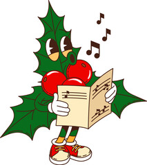 Retro groovy Christmas holly berry character with a sheet of music and a happy face. Isolated cartoon vector holly berry personage singing xmas holiday chorales, celebrating festive wintertime event © Buch&Bee