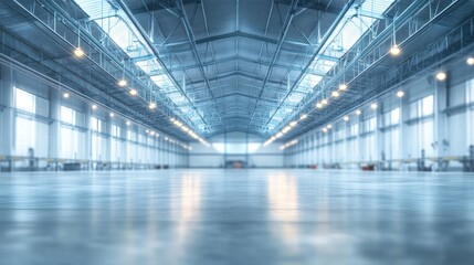 Empty Industrial Warehouse with Metal Roof and Lighting