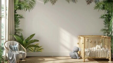 Eco style interior of children room. Children room hut floor. Baby nursery with panels shelf.