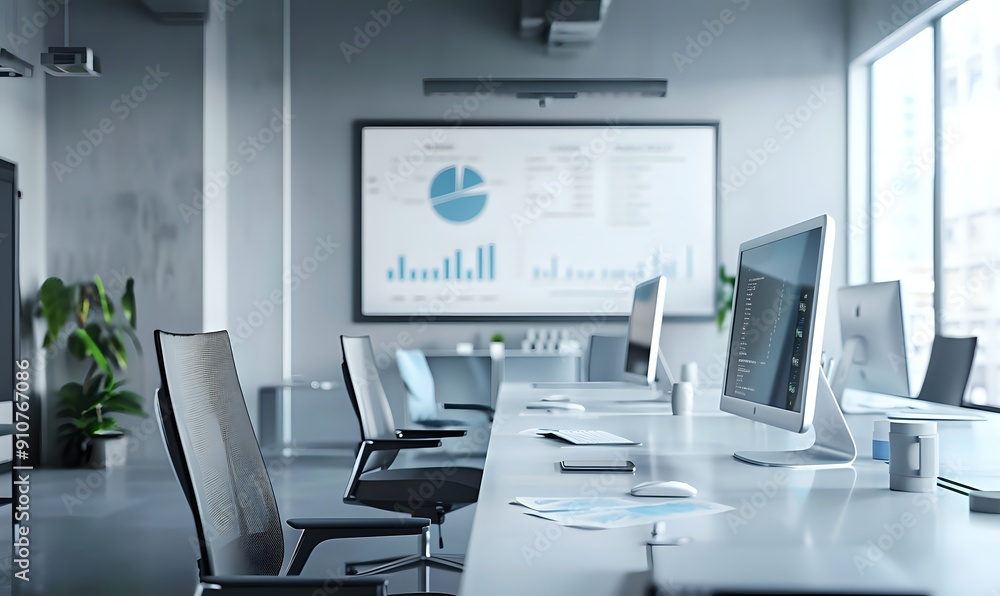 Poster modern office space with computers and charts