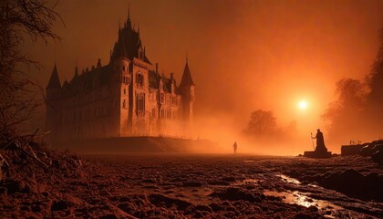 Naklejka premium Spooky Castle at Dusk with Mysterious Figure
