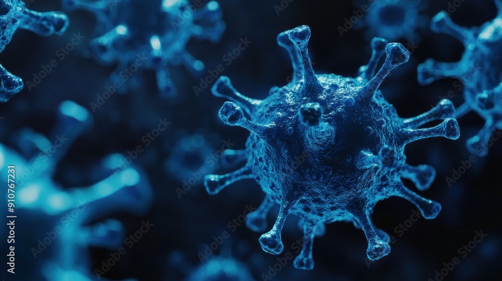 Poster a close-up of a blue virus particle with spikes