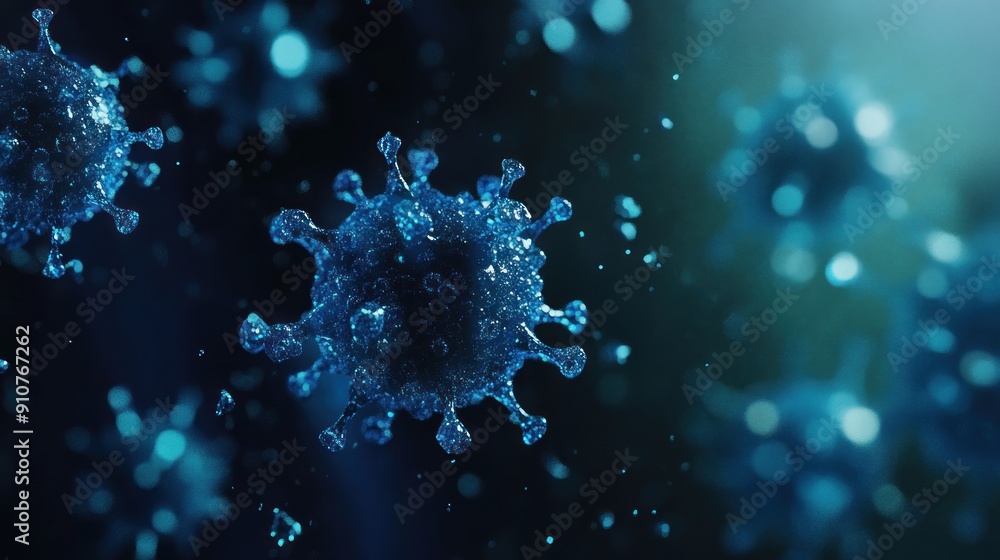 Poster a blue coronavirus particle in focus with other blurred particles in the background