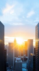 Fototapeta premium Bright sunrise over a bustling cityscape with skyscrapers, symbolizing the beginning of a productive Monday morning, urban energy, and new opportunities.