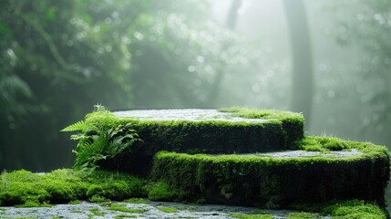 Natural beautiful green podiums from moss for products, outdoor, dreamy park, professional studio for photography with high detailed light tender colors
