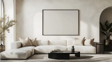 Minimalist Living Room with White Sofa and Blank Canvas Artwork