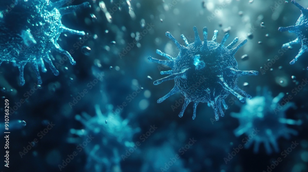 Poster close-up of blue virus particles with spiky structure