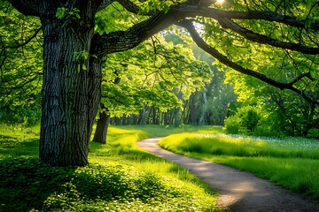 Naklejka premium A winding path through a lush forest, bathed in warm sunlight.
