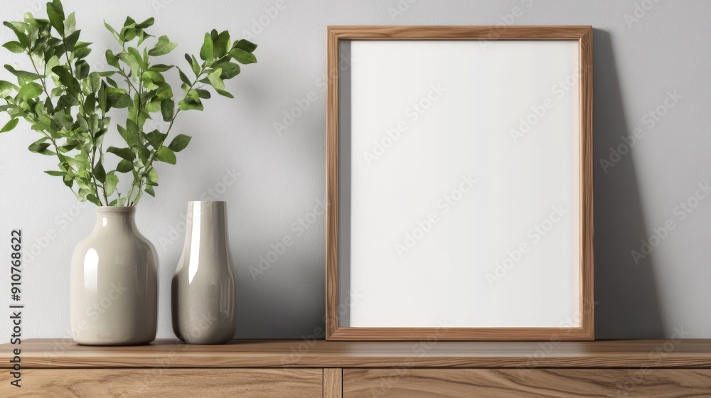 Poster wooden frame and vases with greenery on a tabletop