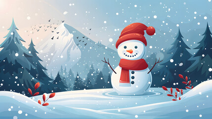 Fototapeta premium Panoramic view of happy snowman in winter scenery. Close-up