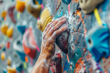 A climber&rsquo;s hand gripping a colorful climbing hold on an indoor climbing wall. This image captures the determination and challenge of rock climbing and fitness.