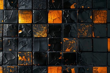 Abstract black and gold mosaic tile background.