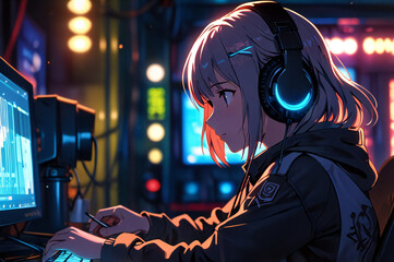 Beautiful anime girl working on a computer while wearing headphones.