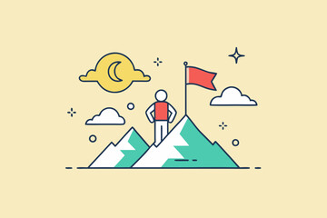 A t-shirt design featuring a single hiker standing a top a simple mountain peak, vector art illustration