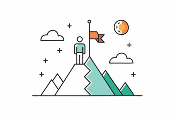 A t-shirt design featuring a single hiker standing a top a simple mountain peak, vector art illustration