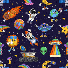 Retro groovy space characters seamless pattern with cartoon galaxy, vector background. Groovy pattern with funky psychedelic alien UFO, rainbow planet, sun and lunar rover with stars in space sky © Buch&Bee