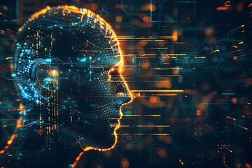 Abstract digital human head with glowing lines and dots.