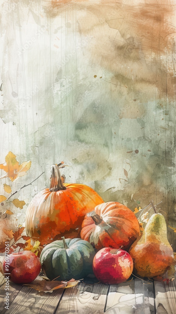 Poster a watercolor painting depicts a still life of pumpkins, apples, and a pear. the pumpkins are arrange