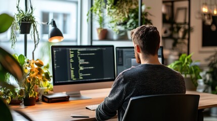 A tech entrepreneur developing a carbonneutral application in a modern workspace