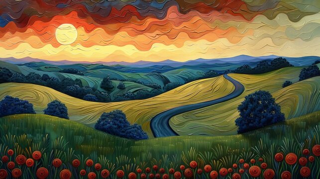 Abstract sunset over rolling hills.
