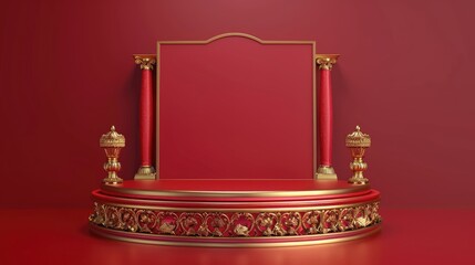 An empty podium scene for a product presentation with dramatic lighting strikes. Stage with bright light beam, suitable for concert or performance concept