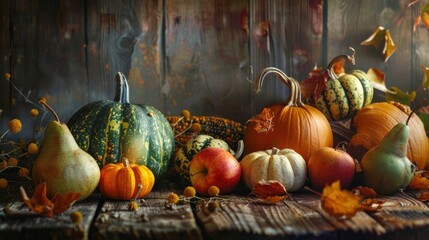 A variety of fall harvest produce sits on a rustic wooden table. Pumpkins of various sizes and colors are arranged alongside pears, apples, and other gourds. Leaves and other natural elements complete