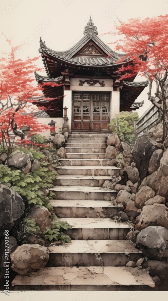 Wall mural stair front of temple architecture building outdoors.