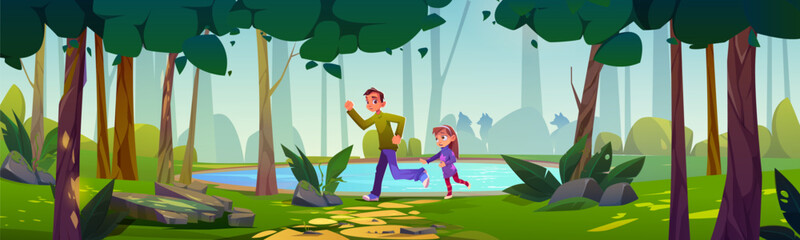 Scared children running from world in forest. Vector cartoon illustration teen boy and little girl escaping from danger, wild animal silhouettes behind trees, blue lake water in summer woodland