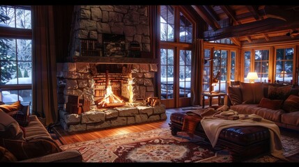 Fototapeta premium A warm and inviting living room with a large stone fireplace, crackling with flames. The room is filled with comfortable furniture, including a large sofa and a plush ottoman, making it perfect for re