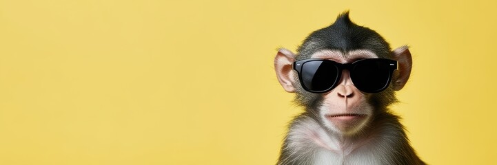 Monkey with sunglasses on yellow background with copy space