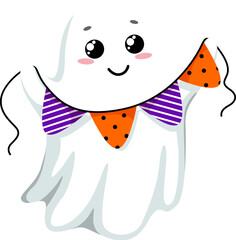 Cartoon kawaii Halloween ghost character holding festive garland. Adorable vector baby spirit personage decorating home with pennant flags adding a charming and spooky touch to holiday celebration