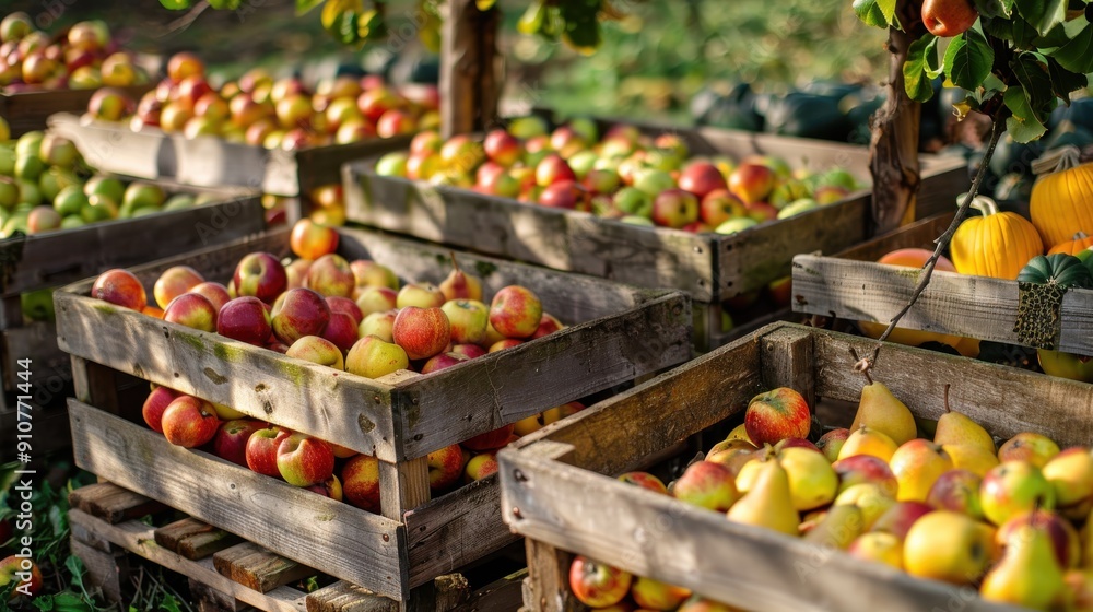 Aufkleber Wooden crates filled with ripe red apples and yellow pears sit on a pallet in the orchard. Sunlight casts shadows on the crates, creating a warm and inviting atmosphere.