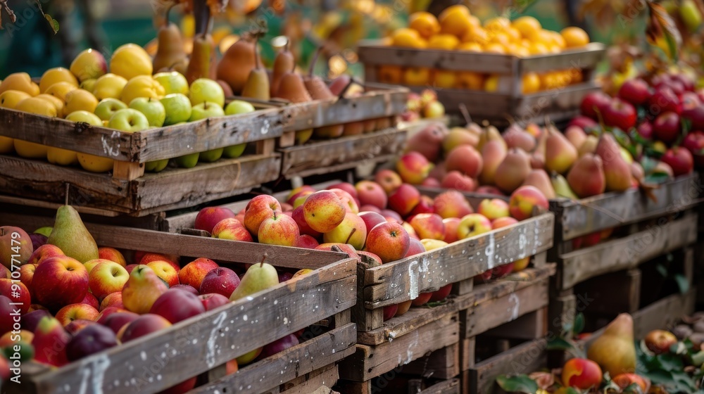 Poster wooden crates overflowing with ripe apples, pears, and citrus fruits are stacked on top of each othe