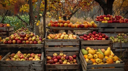 Obraz premium A variety of autumn fruits are displayed in wooden crates against a backdrop of fall foliage. The crates are filled with red apples, yellow pears, and a mix of yellow and red apples. The fruit appears
