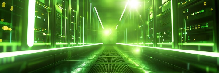 A green-lit server corridor with glowing lights representing a futuristic and secure data storage and management environment.