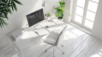 Comfortable workplace with computer near wooden wall in stylish room interior. Home office design