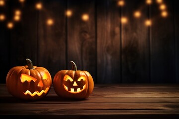 Fototapeta premium Pumpkins on wood floo halloween pumpkin anthropomorphic.