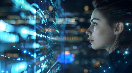 Female IT Specialist Analyzing Digital Cyber Security Data on Futuristic Interface